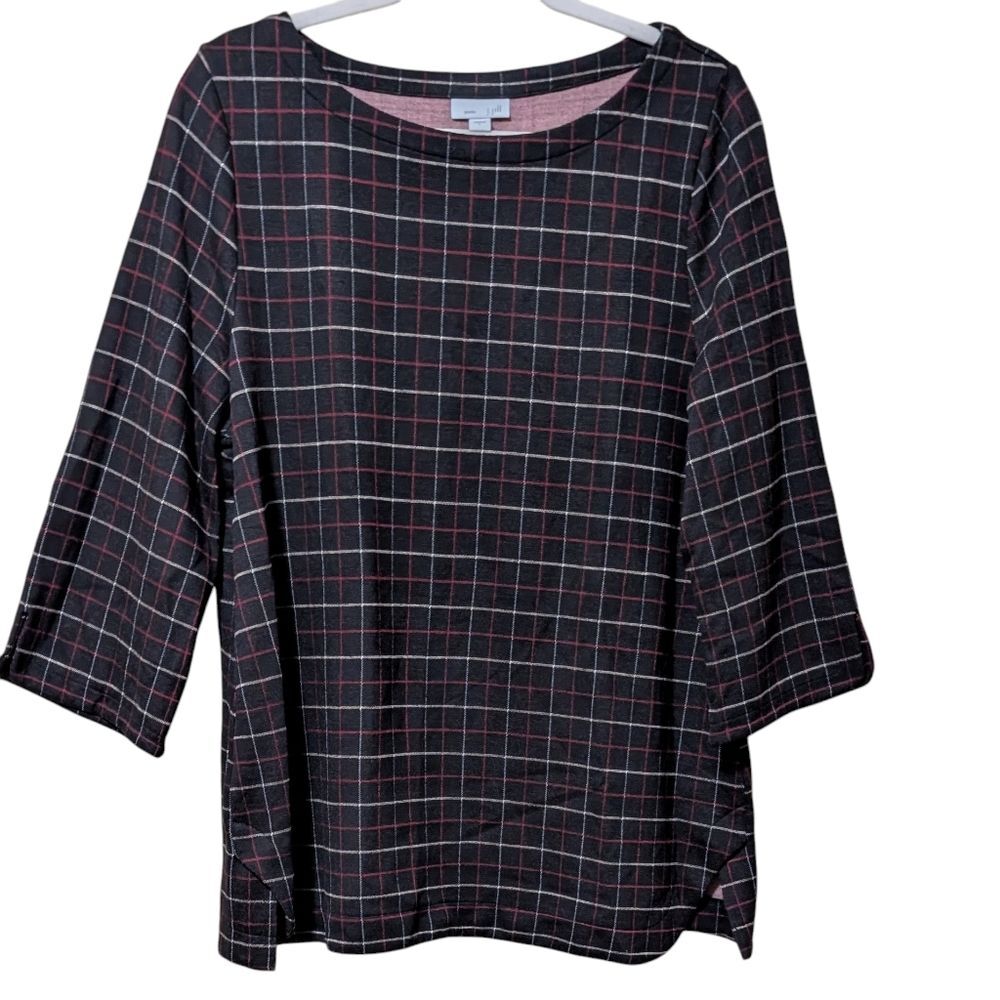 NWT J. Jill top women's size Large Black ponte knit 3/4 sleeve grid windowpane - Picture 8 of 8